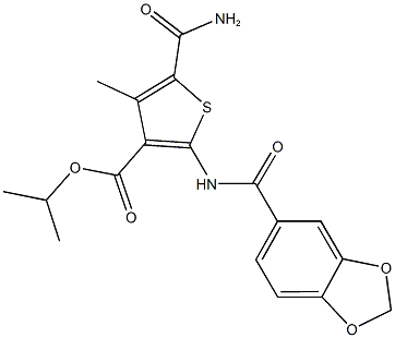 isopropyl 5-(aminocarbonyl)-2-[(1,3-benzodioxol-5-ylcarbonyl)amino]-4-methylthiophene-3-carboxylate,444937-45-5,结构式