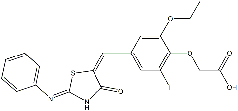 (2-ethoxy-6-iodo-4-{[4-oxo-2-(phenylimino)-1,3-thiazolidin-5-ylidene]methyl}phenoxy)acetic acid 化学構造式
