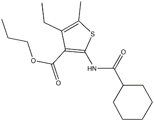 propyl 2-[(cyclohexylcarbonyl)amino]-4-ethyl-5-methyl-3-thiophenecarboxylate Struktur