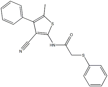 N-(3-cyano-5-methyl-4-phenylthien-2-yl)-2-(phenylsulfanyl)acetamide 化学構造式