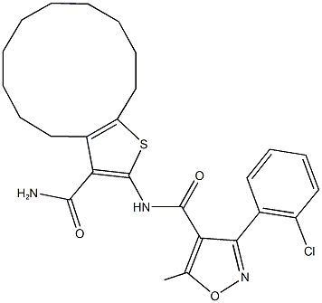 N-[3-(aminocarbonyl)-4,5,6,7,8,9,10,11,12,13-decahydrocyclododeca[b]thien-2-yl]-3-(2-chlorophenyl)-5-methylisoxazole-4-carboxamide Struktur