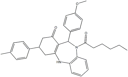 10-hexanoyl-11-(4-methoxyphenyl)-3-(4-methylphenyl)-2,3,4,5,10,11-hexahydro-1H-dibenzo[b,e][1,4]diazepin-1-one Structure