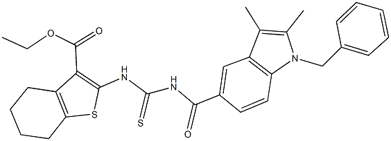 ethyl 2-[({[(1-benzyl-2,3-dimethyl-1H-indol-5-yl)carbonyl]amino}carbothioyl)amino]-4,5,6,7-tetrahydro-1-benzothiophene-3-carboxylate Struktur