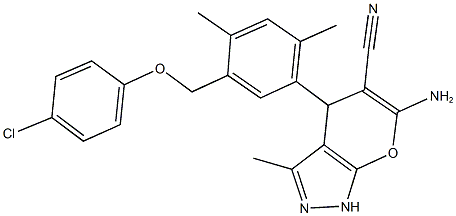6-amino-4-{5-[(4-chlorophenoxy)methyl]-2,4-dimethylphenyl}-3-methyl-1,4-dihydropyrano[2,3-c]pyrazole-5-carbonitrile 结构式