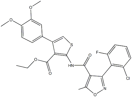ethyl 2-({[3-(2-chloro-6-fluorophenyl)-5-methyl-4-isoxazolyl]carbonyl}amino)-4-(3,4-dimethoxyphenyl)-3-thiophenecarboxylate Struktur
