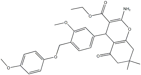 ethyl 2-amino-4-{3-methoxy-4-[(4-methoxyphenoxy)methyl]phenyl}-7,7-dimethyl-5-oxo-5,6,7,8-tetrahydro-4H-chromene-3-carboxylate 结构式