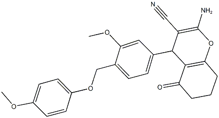 2-amino-4-{3-methoxy-4-[(4-methoxyphenoxy)methyl]phenyl}-5-oxo-5,6,7,8-tetrahydro-4H-chromene-3-carbonitrile,445031-87-8,结构式