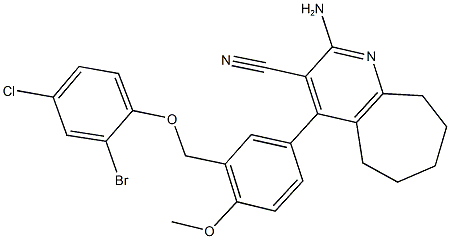 2-amino-4-{3-[(2-bromo-4-chlorophenoxy)methyl]-4-methoxyphenyl}-6,7,8,9-tetrahydro-5H-cyclohepta[b]pyridine-3-carbonitrile Struktur
