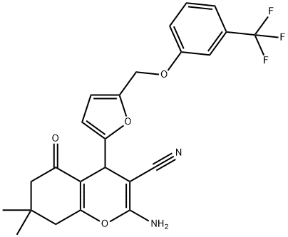 2-amino-7,7-dimethyl-5-oxo-4-(5-{[3-(trifluoromethyl)phenoxy]methyl}-2-furyl)-5,6,7,8-tetrahydro-4H-chromene-3-carbonitrile,445032-95-1,结构式
