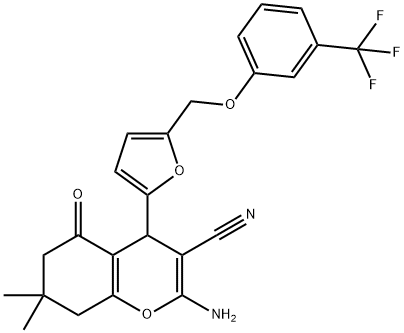 2-amino-7,7-dimethyl-5-oxo-4-(5-{[3-(trifluoromethyl)phenoxy]methyl}-2-furyl)-5,6,7,8-tetrahydro-4H-chromene-3-carbonitrile 化学構造式