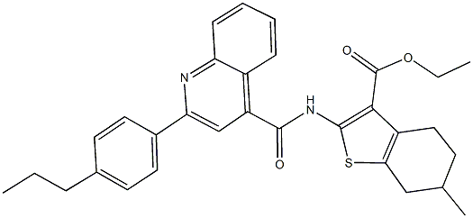 ethyl 6-methyl-2-({[2-(4-propylphenyl)-4-quinolinyl]carbonyl}amino)-4,5,6,7-tetrahydro-1-benzothiophene-3-carboxylate,445033-26-1,结构式