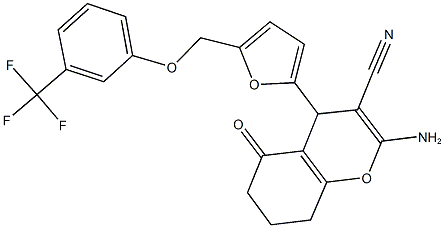 2-amino-5-oxo-4-(5-{[3-(trifluoromethyl)phenoxy]methyl}-2-furyl)-5,6,7,8-tetrahydro-4H-chromene-3-carbonitrile,445033-38-5,结构式