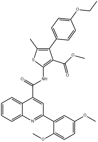 methyl 2-({[2-(2,5-dimethoxyphenyl)-4-quinolinyl]carbonyl}amino)-4-(4-ethoxyphenyl)-5-methyl-3-thiophenecarboxylate 化学構造式