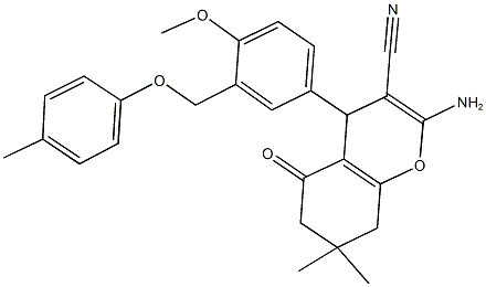2-amino-4-{4-methoxy-3-[(4-methylphenoxy)methyl]phenyl}-7,7-dimethyl-5-oxo-5,6,7,8-tetrahydro-4H-chromene-3-carbonitrile 结构式