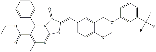 ethyl 2-(4-methoxy-3-{[3-(trifluoromethyl)phenoxy]methyl}benzylidene)-7-methyl-3-oxo-5-phenyl-2,3-dihydro-5H-[1,3]thiazolo[3,2-a]pyrimidine-6-carboxylate 化学構造式