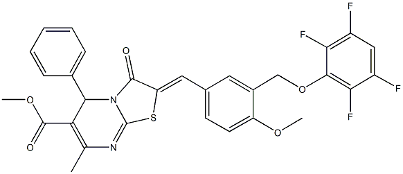 methyl 2-{4-methoxy-3-[(2,3,5,6-tetrafluorophenoxy)methyl]benzylidene}-7-methyl-3-oxo-5-phenyl-2,3-dihydro-5H-[1,3]thiazolo[3,2-a]pyrimidine-6-carboxylate,445036-30-6,结构式