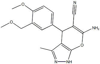 6-amino-4-[4-methoxy-3-(methoxymethyl)phenyl]-3-methyl-1,4-dihydropyrano[2,3-c]pyrazole-5-carbonitrile,445038-30-2,结构式