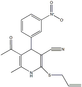 5-acetyl-2-(allylsulfanyl)-4-{3-nitrophenyl}-6-methyl-1,4-dihydropyridine-3-carbonitrile Struktur