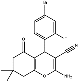 2-amino-4-(4-bromo-2-fluorophenyl)-7,7-dimethyl-5-oxo-5,6,7,8-tetrahydro-4H-chromene-3-carbonitrile 结构式