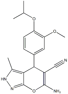 6-amino-4-(4-isopropoxy-3-methoxyphenyl)-3-methyl-2,4-dihydropyrano[2,3-c]pyrazole-5-carbonitrile Struktur