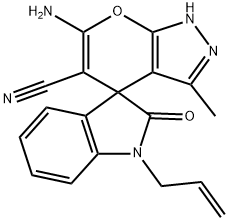 1'-allyl-6-amino-5-cyano-3-methyl-2'-oxo-1,1',3',4-tetrahydrospiro(pyrano[2,3-c]pyrazole-4,3'-[2'H]-indole) 结构式