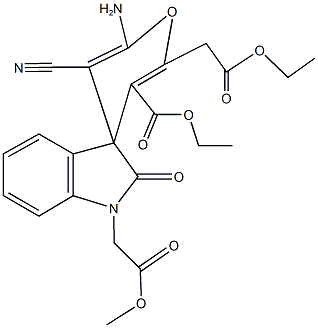 methyl (6'-amino-5'-cyano-3'-ethoxycarbonyl-2'-(2'-ethoxy-2'-oxoethyl)-2-oxo-2,3-dihydrospiro[1H-indole-3,4'-(4'H)-pyran]-1-yl)acetate,445222-54-8,结构式