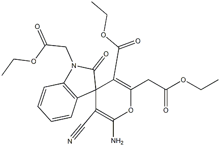 ethyl (6'-amino-5'-cyano-3'-ethoxycarbonyl-2'-(2'-ethoxy-2'-oxoethyl)-2-oxo-2,3-dihydrospiro[1H-indole-3,4'-(4'H)-pyran]-1-yl)acetate Structure