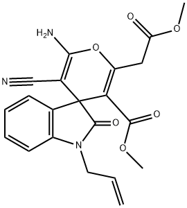 1-allyl-6'-amino-5'-cyano-1,3-dihydro-3'-methoxycarbonyl-2'-(2'-methoxy-2'-oxoethyl)-2-oxo-spiro[2H-indole-3,4'-(4'H)-pyran] 化学構造式