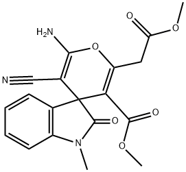 1-methyl-6'-amino-5'-cyano-1,3-dihydro-3'-methoxycarbonyl-2'-(2'-methoxy-2'-oxoethyl)-2-oxo-spiro[2H-indole-3,4'-(4'H)-pyran] Structure