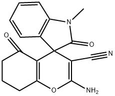 2'-amino-3'-cyano-1-methyl-1,3,5',6',7',8'-hexahydro-2,5'-dioxospiro[2H-indol-3,4'-(4'H)-chromene] 化学構造式
