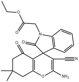 ethyl (2'-amino-3'-cyano-2,5'dioxo-2,3,5',6',7',8'-hexahydro-7',7'-dimethylspiro[1H-indole-3,8'-(4'H)-chromene]-1-yl)acetate 化学構造式