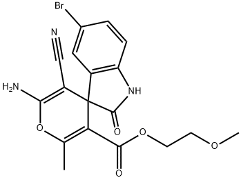 6-amino-5'-bromo-5-cyano-1',3'-dihydro-3-{2-methoxyethoxycarbonyl}-2-methyl-2'-oxospiro[4H-pyran-4,3'-(2'H)-indole] 结构式