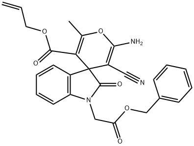 benzyl (3'-[(allyloxy)carbonyl]-6'-amino-5'-cyano-2,3-dihydro-2'-methyl-2-oxo-[1H-indole-3,4'-(4'H)-pyran]-1-yl)acetate 化学構造式