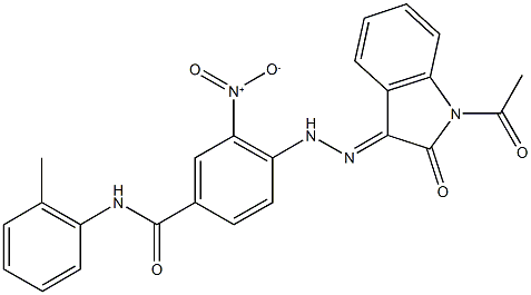 4-[2-(1-acetyl-2-oxo-1,2-dihydro-3H-indol-3-ylidene)hydrazino]-3-nitro-N-(2-methylphenyl)benzamide Struktur