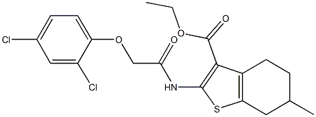 ethyl 2-{[(2,4-dichlorophenoxy)acetyl]amino}-6-methyl-4,5,6,7-tetrahydro-1-benzothiophene-3-carboxylate 化学構造式
