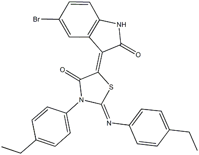 5-bromo-3-{3-(4-ethylphenyl)-2-[(4-ethylphenyl)imino]-4-oxo-1,3-thiazolidin-5-ylidene}-1,3-dihydro-2H-indol-2-one,445229-18-5,结构式