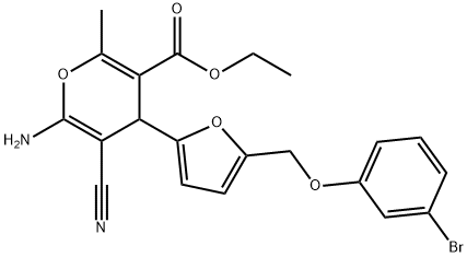 ethyl 6-amino-4-{5-[(3-bromophenoxy)methyl]-2-furyl}-5-cyano-2-methyl-4H-pyran-3-carboxylate Structure