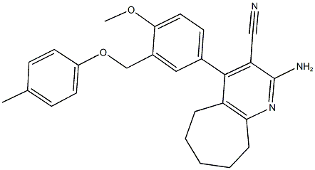 2-amino-4-{4-methoxy-3-[(4-methylphenoxy)methyl]phenyl}-6,7,8,9-tetrahydro-5H-cyclohepta[b]pyridine-3-carbonitrile,445233-09-0,结构式