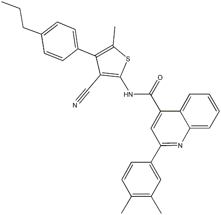 N-[3-cyano-5-methyl-4-(4-propylphenyl)-2-thienyl]-2-(3,4-dimethylphenyl)-4-quinolinecarboxamide 化学構造式