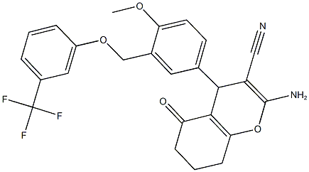 2-amino-4-(4-methoxy-3-{[3-(trifluoromethyl)phenoxy]methyl}phenyl)-5-oxo-5,6,7,8-tetrahydro-4H-chromene-3-carbonitrile Structure