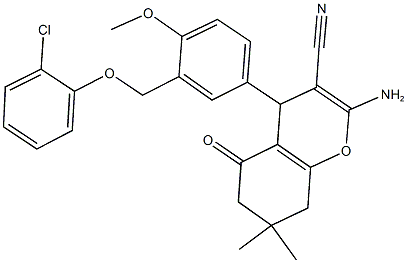 2-amino-4-{3-[(2-chlorophenoxy)methyl]-4-methoxyphenyl}-7,7-dimethyl-5-oxo-5,6,7,8-tetrahydro-4H-chromene-3-carbonitrile 结构式