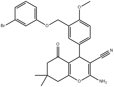 2-amino-4-{3-[(3-bromophenoxy)methyl]-4-methoxyphenyl}-7,7-dimethyl-5-oxo-5,6,7,8-tetrahydro-4H-chromene-3-carbonitrile 化学構造式