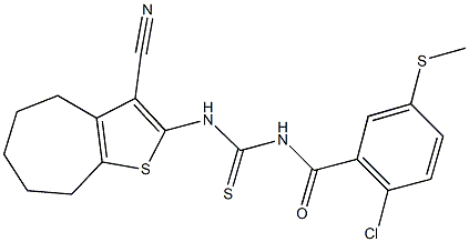 N-[2-chloro-5-(methylsulfanyl)benzoyl]-N'-(3-cyano-5,6,7,8-tetrahydro-4H-cyclohepta[b]thien-2-yl)thiourea Structure