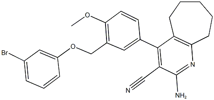2-amino-4-{3-[(3-bromophenoxy)methyl]-4-methoxyphenyl}-6,7,8,9-tetrahydro-5H-cyclohepta[b]pyridine-3-carbonitrile 结构式