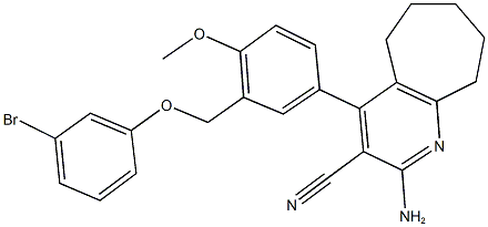 2-amino-4-{3-[(3-bromophenoxy)methyl]-4-methoxyphenyl}-6,7,8,9-tetrahydro-5H-cyclohepta[b]pyridine-3-carbonitrile,445237-75-2,结构式