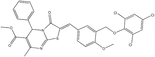 methyl 2-{4-methoxy-3-[(2,4,6-trichlorophenoxy)methyl]benzylidene}-7-methyl-3-oxo-5-phenyl-2,3-dihydro-5H-[1,3]thiazolo[3,2-a]pyrimidine-6-carboxylate,445239-45-2,结构式