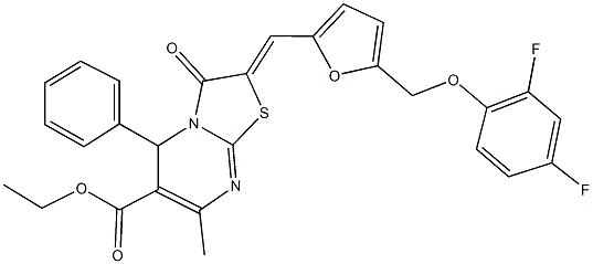 ethyl 2-({5-[(2,4-difluorophenoxy)methyl]-2-furyl}methylene)-7-methyl-3-oxo-5-phenyl-2,3-dihydro-5H-[1,3]thiazolo[3,2-a]pyrimidine-6-carboxylate 结构式