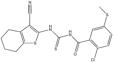 N-[2-chloro-5-(methylsulfanyl)benzoyl]-N'-(3-cyano-4,5,6,7-tetrahydro-1-benzothien-2-yl)thiourea Structure