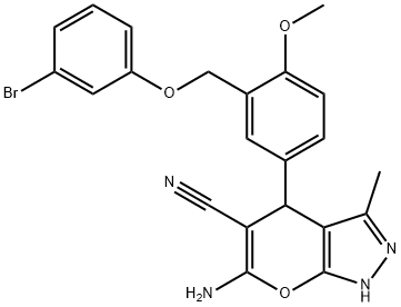 6-amino-4-{3-[(3-bromophenoxy)methyl]-4-methoxyphenyl}-3-methyl-1,4-dihydropyrano[2,3-c]pyrazole-5-carbonitrile,445239-74-7,结构式