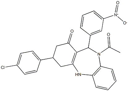 10-acetyl-3-(4-chlorophenyl)-11-{3-nitrophenyl}-2,3,4,5,10,11-hexahydro-1H-dibenzo[b,e][1,4]diazepin-1-one Struktur